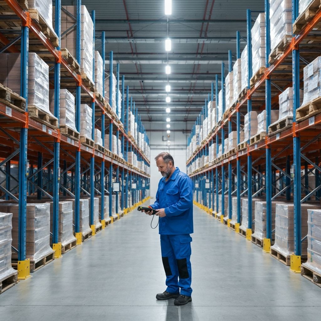 Trabajadores en almacén moderno organizando inventario de manera eficiente