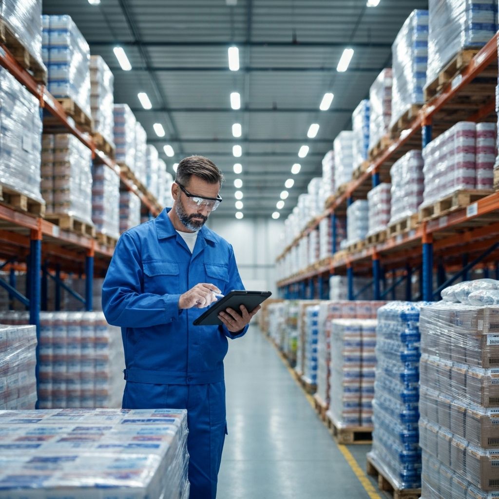 Trabajador de almacén realizando auditoría de inventario con tecnología moderna