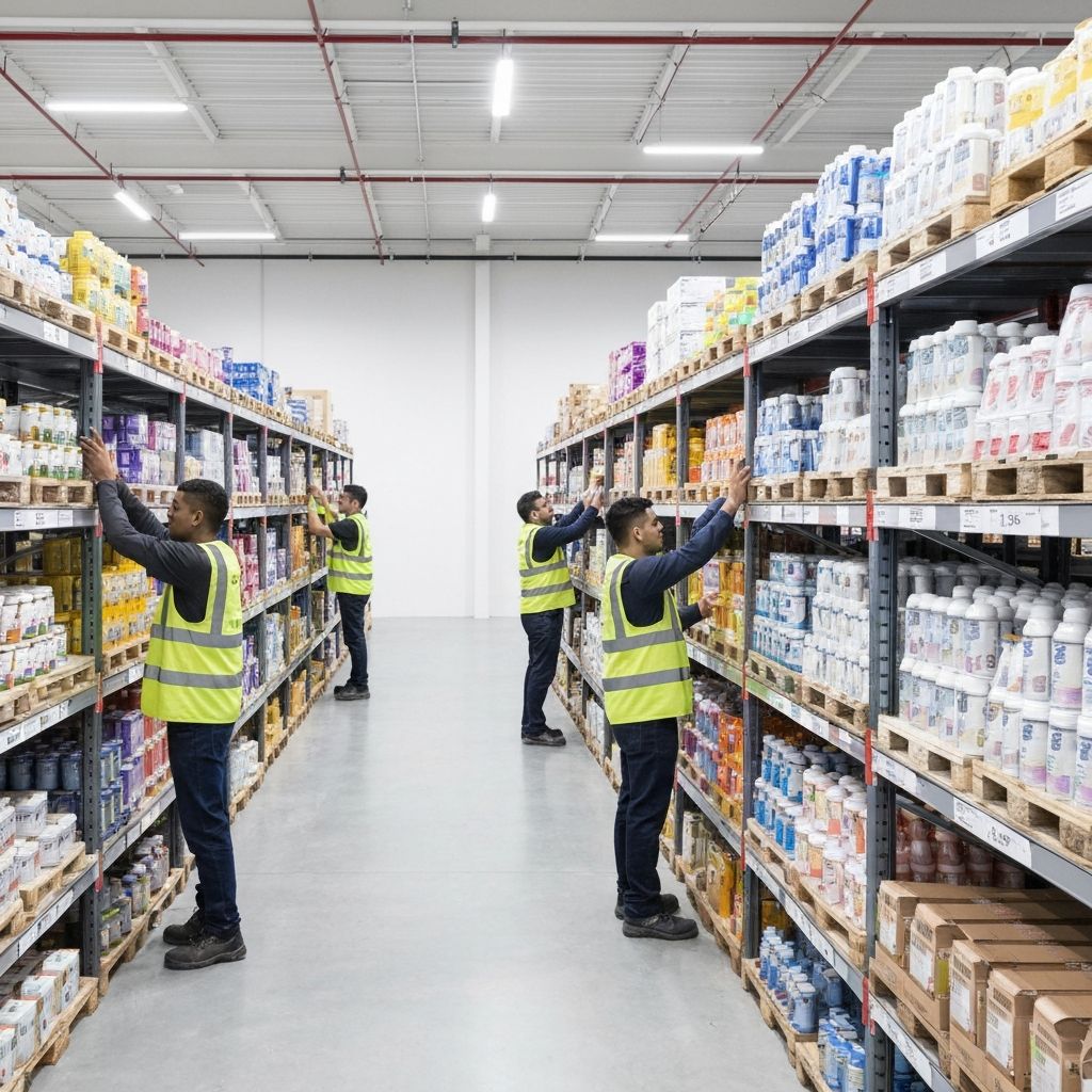 Operaciones de almacén eficientes con trabajadores organizando productos en estanterías modernas