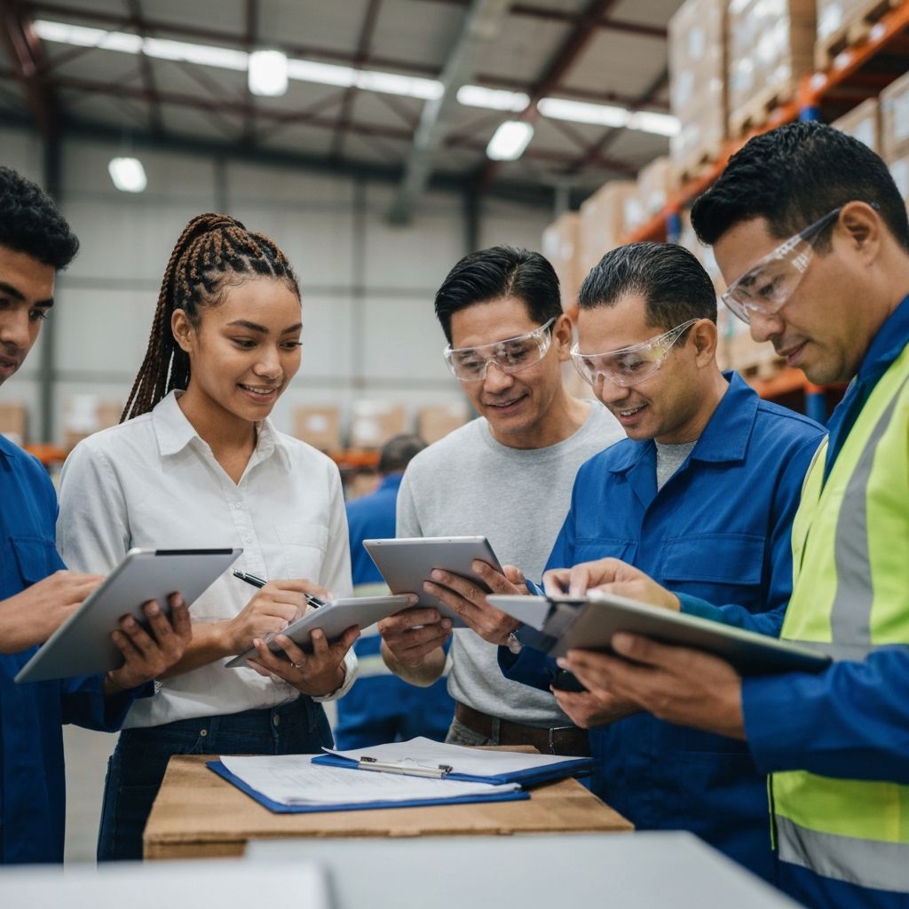 Equipo de almacén colaborando en la optimización de procesos logísticos